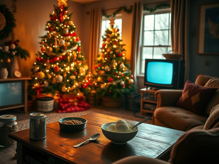 Flick International Cozy living room decorated for Christmas with a large Christmas tree and nostalgic holiday elements