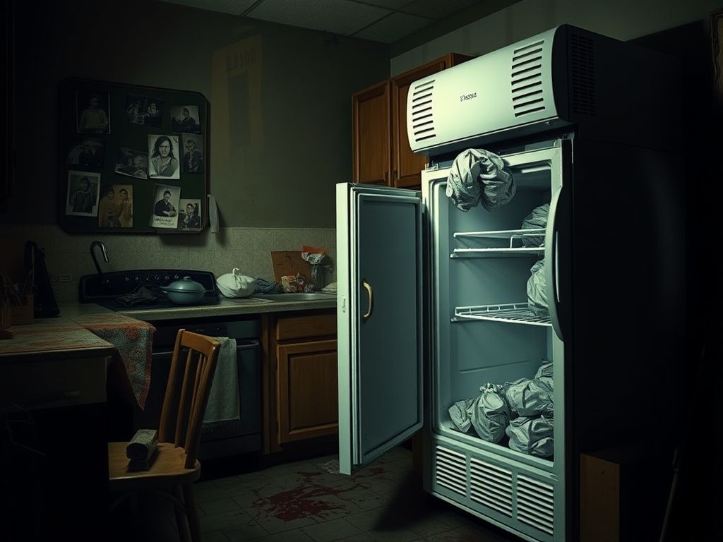 Flick International Dimly lit kitchen with an old freezer and crumpled garbage bags hinting at hidden horrors