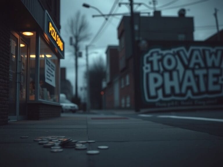 Flick International somber urban landscape with a closed pizza shop sign, symbolizing the impact of hate and antisemitism