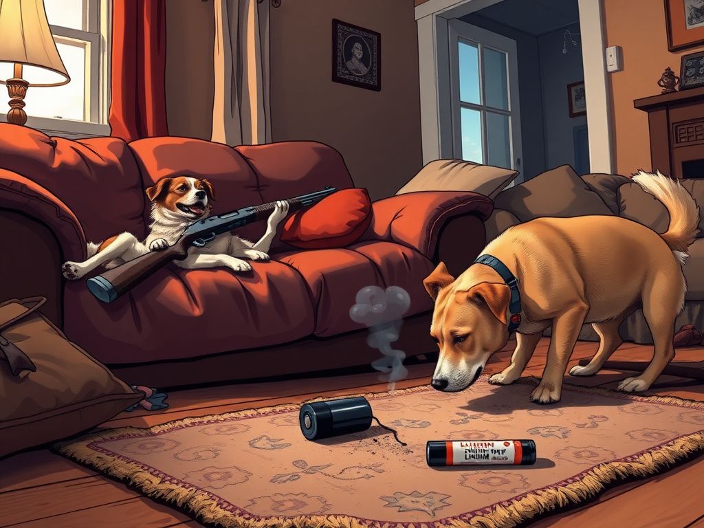 Flick International Two dogs in a chaotic living room, one lying on a couch beside a shotgun and the other sniffing a smoke-damaged rug.