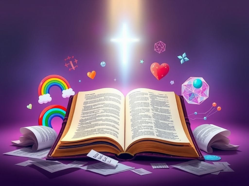 Flick International A visually striking open book with yellowed pages surrounded by cultural symbols representing interpretations of Jesus's identity.