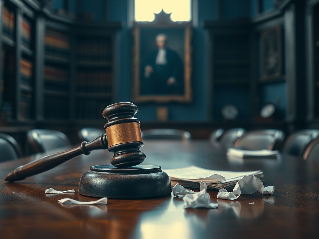 Flick International A solemn courtroom scene with a weathered gavel and legal documents symbolizing justice