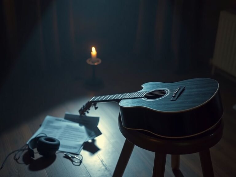 Flick International Close-up of an acoustic guitar resting on a stool in a dimly lit room