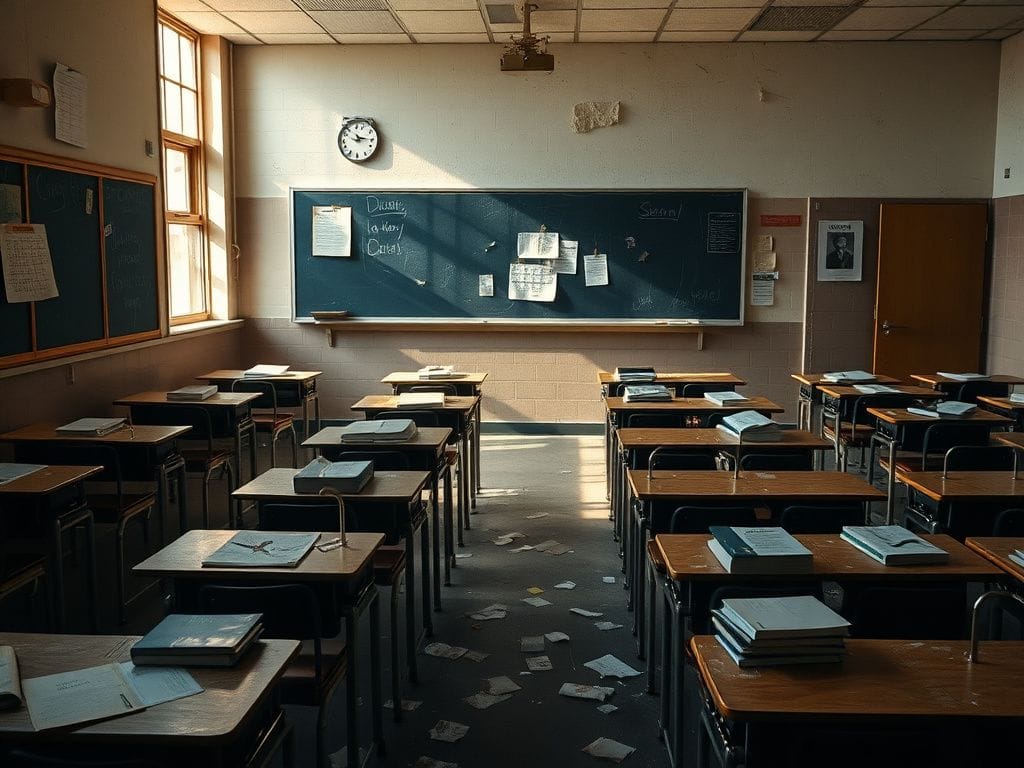 Flick International An empty Chicago public school classroom with unoccupied desks and scattered textbooks