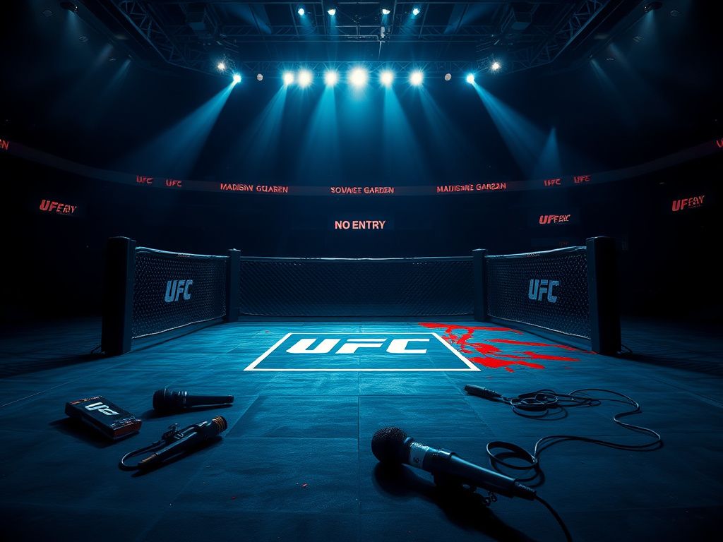 Flick International A dramatic UFC octagon scene with a 'No Entry' sign and scattered fight gear