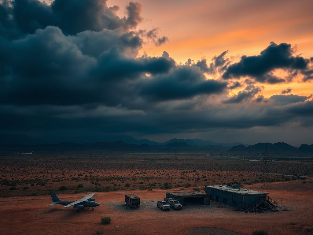 Flick International Dusk landscape of the Sahel region illustrating a deserted military airbase and ominous clouds