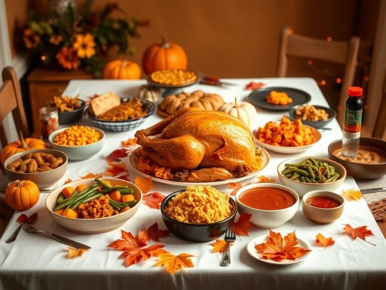 Flick International Beautifully arranged Thanksgiving dinner table featuring a roasted turkey and traditional sides