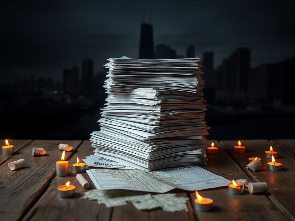 Flick International Stack of property tax bills on a weathered wooden table with urban Chicago skyline in the background
