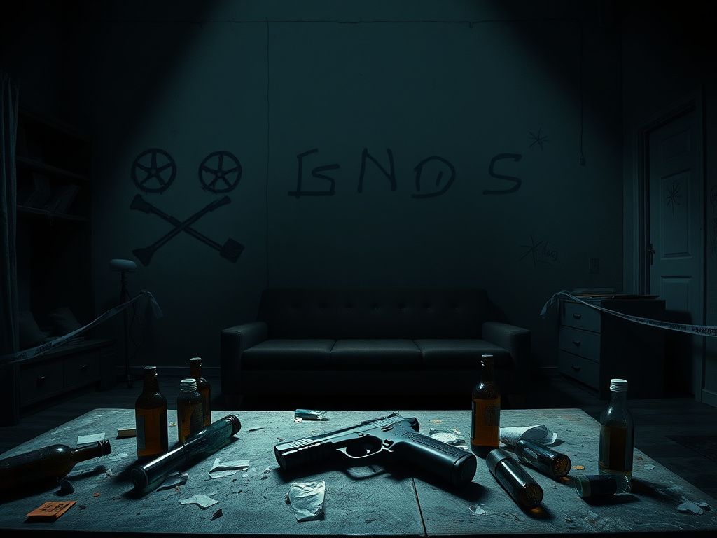 Flick International Grim urban scene of a Houston hotel room showcasing gang activity and violence