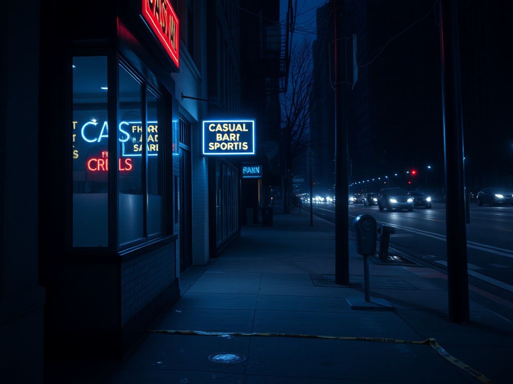 Flick International Dimly lit urban street scene in New York City, evoking a tense atmosphere