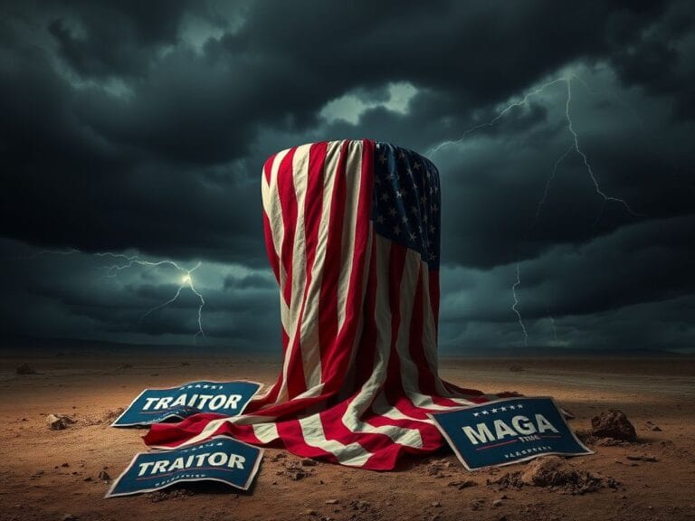 Flick International A worn American flag draped over a shattered pedestal, symbolizing political fragility.