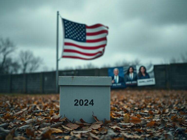 Flick International A weathered ballot box surrounded by fallen leaves symbolizing the upcoming 2024 election amidst a divided Democratic party.