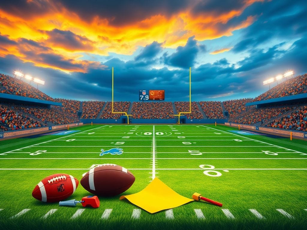 Flick International Vibrant stadium scene depicting an NFL game with field markings and team logos