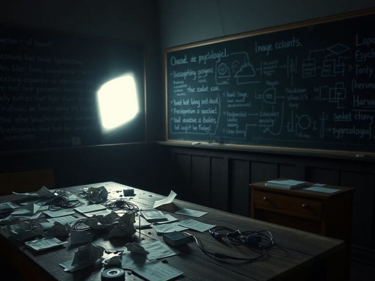 Flick International Dimly lit room with old wooden desk scattered with crumpled papers, evoking chaos of psychological experiments