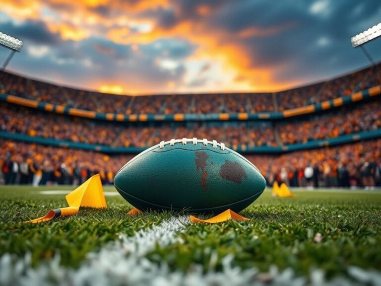 Flick International Close-up of a green football on the turf surrounded by penalty flags during an NFL game.
