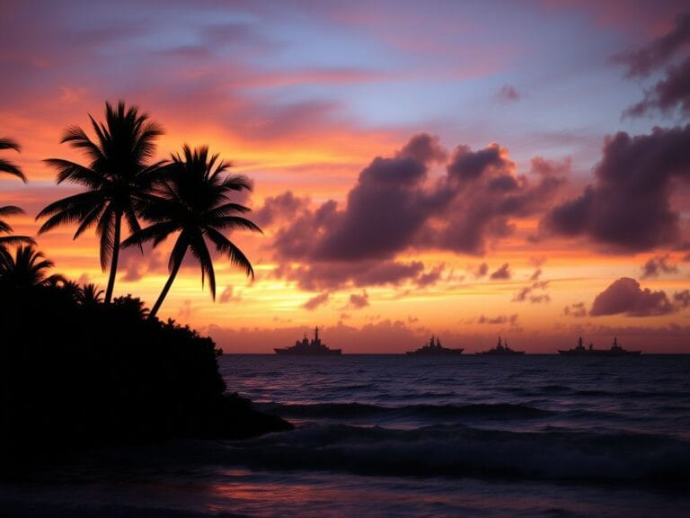 Flick International Silhouette of a lush tropical landscape with palm trees against a vibrant sunset over the Caribbean waters of Venezuela