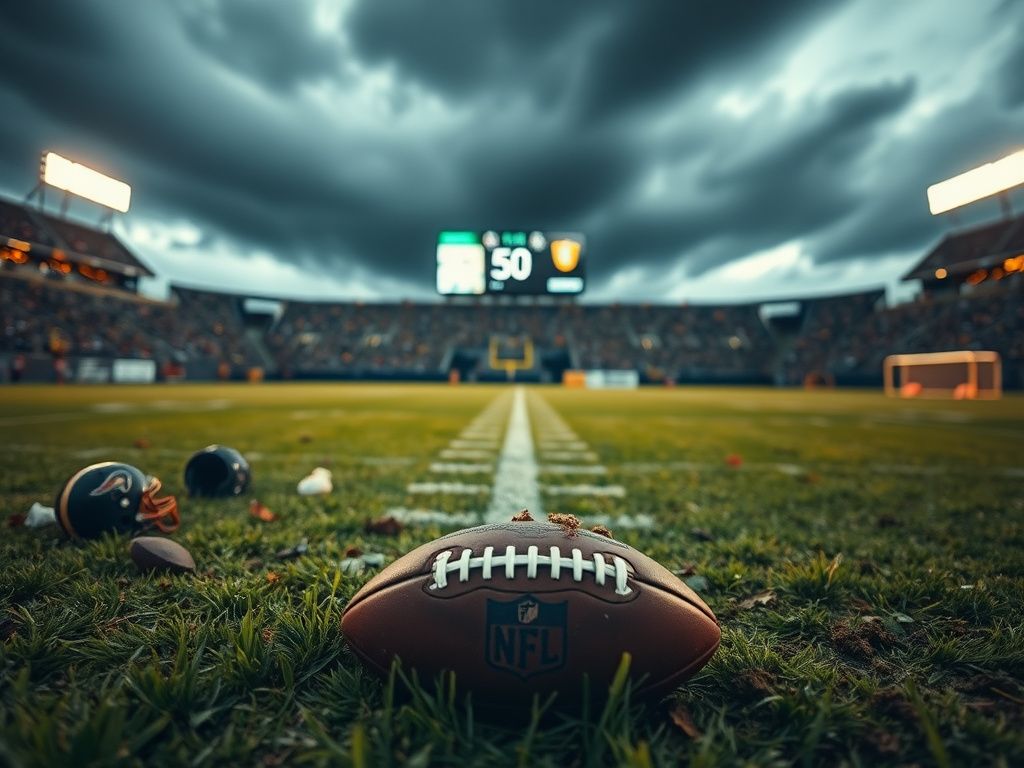 Flick International A dramatic post-game scene on an NFL football field with scuffed grass and discarded gear