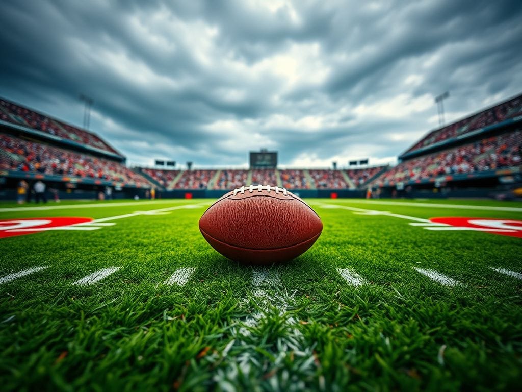 Flick International A football with grass stains on a vibrant green NFL field