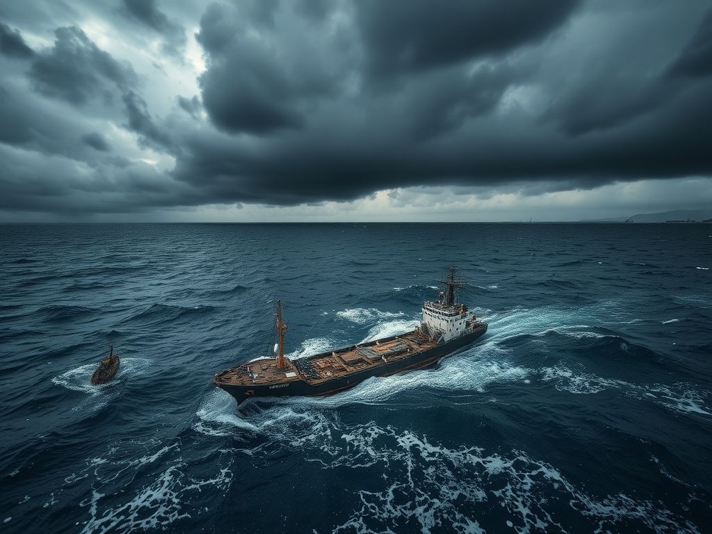 Flick International A dramatic aerial view of a turbulent ocean with a shattered narcotics vessel partially submerged, symbolizing the aftermath of a strike against narco-terrorism.