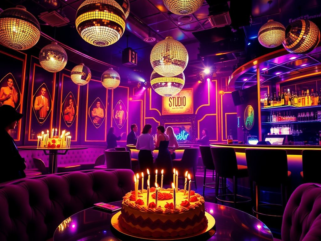 Flick International A vibrant interior of Studio 54 with disco balls and plush seating celebrating Eddie Murphy's 21st birthday party.