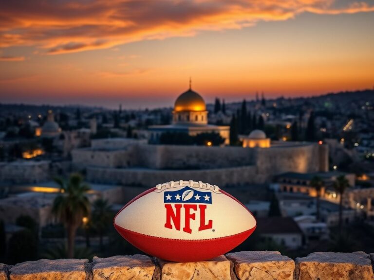 Flick International Panoramic view of Jerusalem skyline featuring the Dome of the Rock and an NFL football
