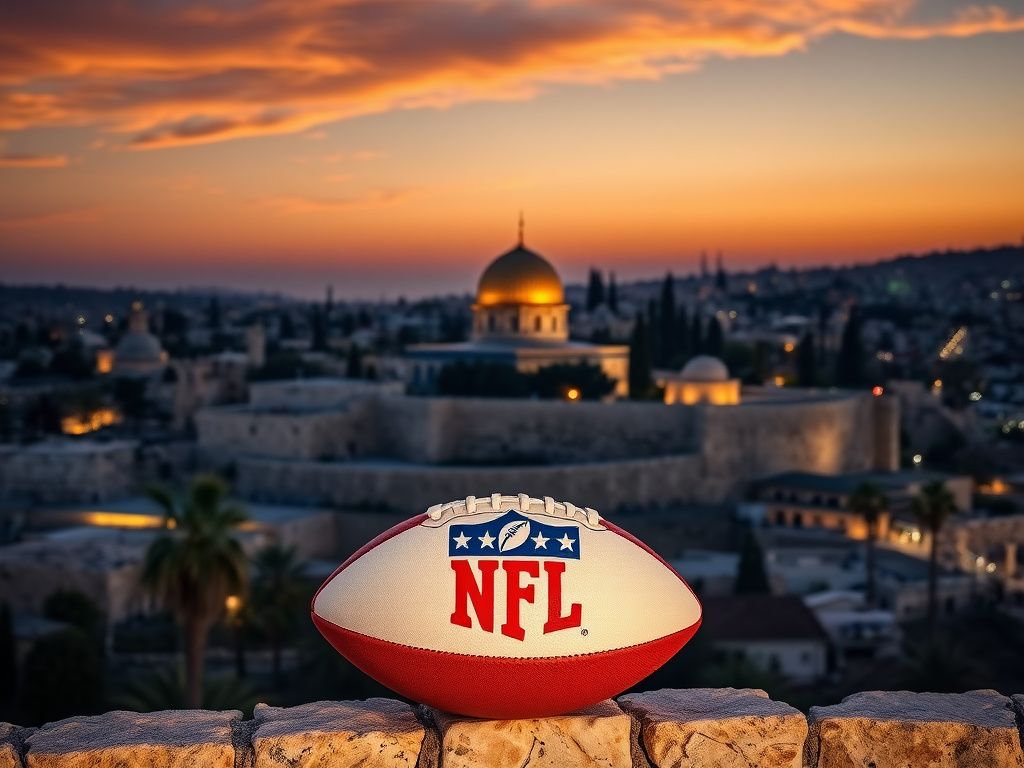 Flick International Panoramic view of Jerusalem skyline featuring the Dome of the Rock and an NFL football