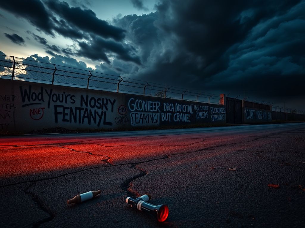 Flick International Urban landscape at dusk illustrating the fentanyl crisis with graffiti and discarded drug paraphernalia