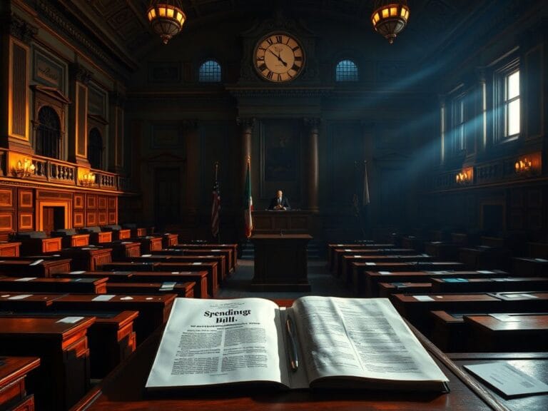 Flick International Dimly lit historic legislative chamber with empty desks and prominent podium