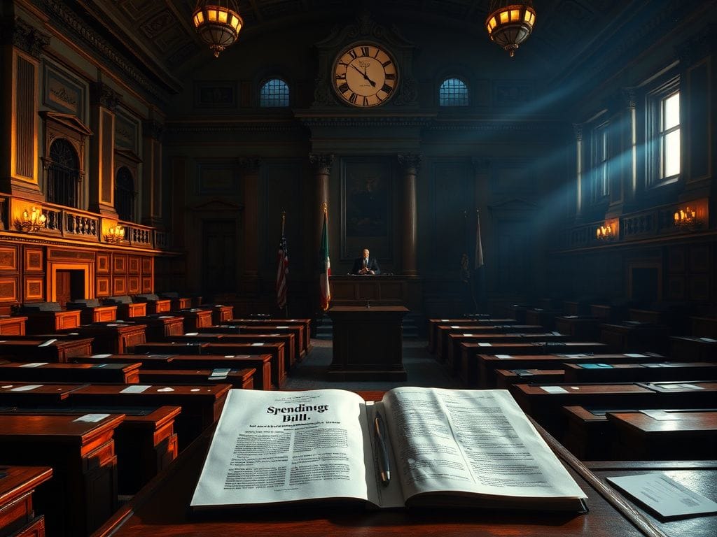 Flick International Dimly lit historic legislative chamber with empty desks and prominent podium