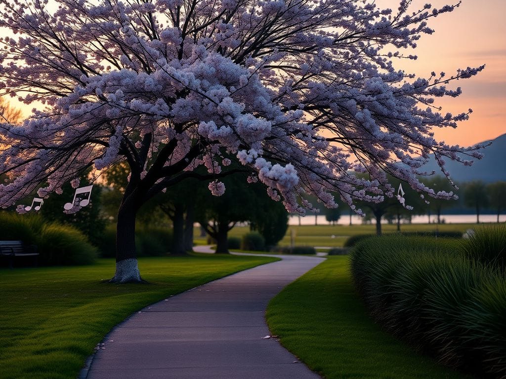 Flick International Serene park scene at dusk with a wooden bench and cherry blossom tree