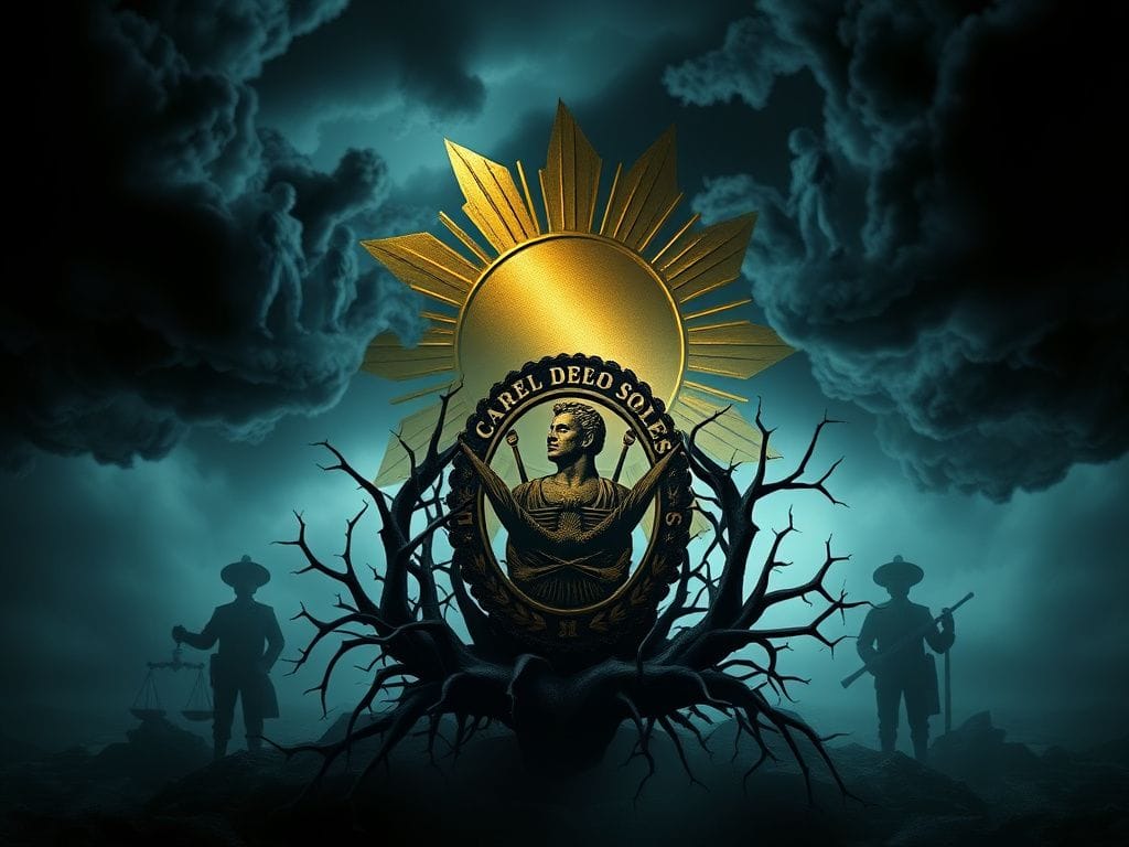 Flick International Dramatic representation of the Cartel de los Soles with a golden sun emblem and a cracked Venezuelan government symbol intertwined with thorny vines.