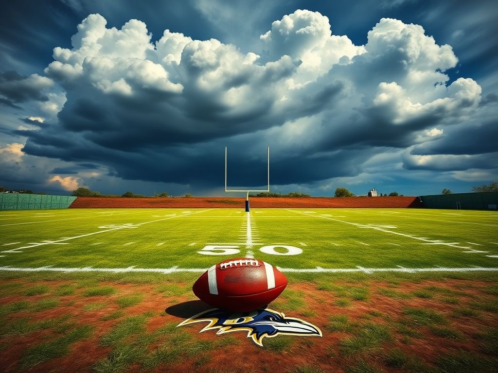 Flick International A football field under a dramatic cloudy sky, featuring the Baltimore Ravens' logo in the end zone and a football on the grass.