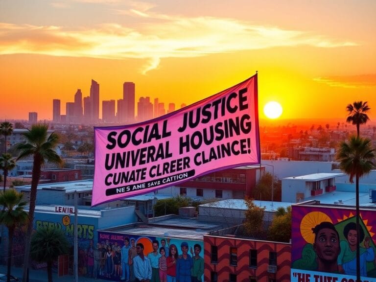 Flick International Sunset view of Los Angeles featuring iconic skyline and palm trees with a social justice banner
