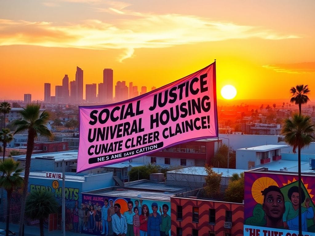 Flick International Sunset view of Los Angeles featuring iconic skyline and palm trees with a social justice banner