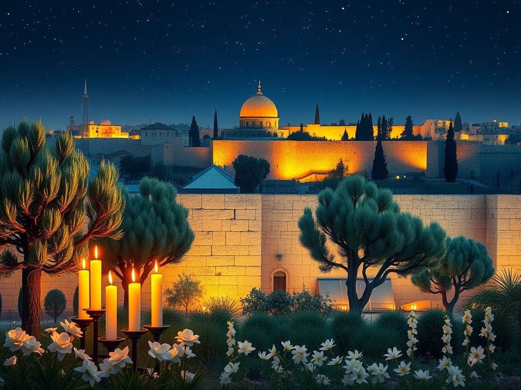 Flick International Tranquil view of the Western Wall in Jerusalem at dusk with candles and olive trees