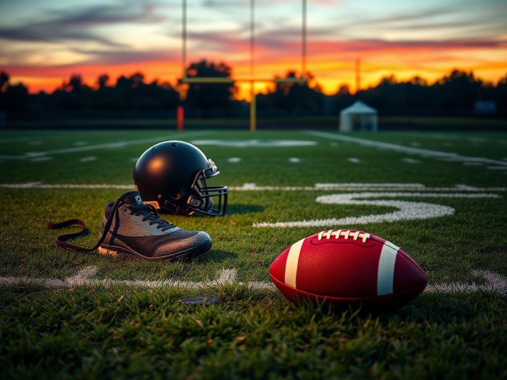 Flick International Dynamic football field scene at dusk with cleats and helmet symbolizing player safety