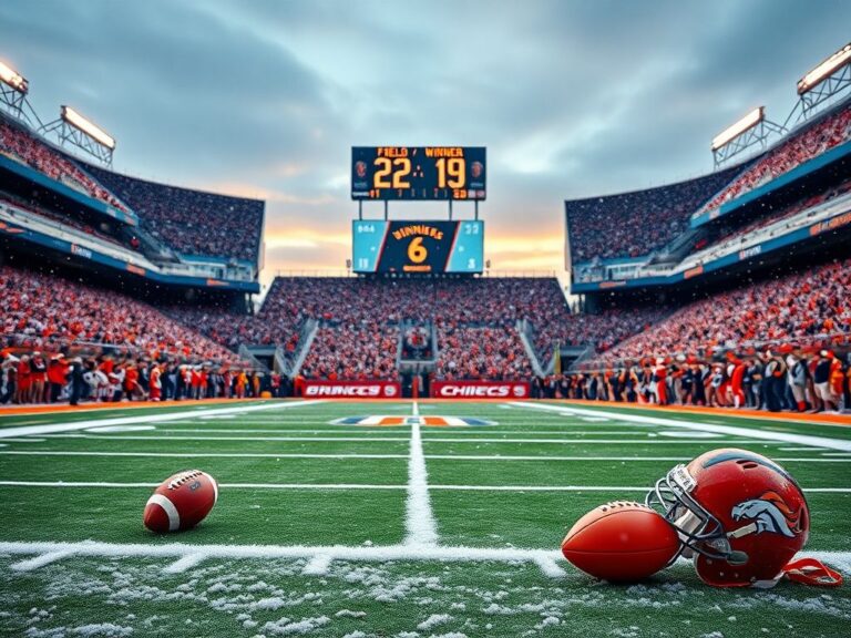 Flick International Intense football scene featuring the Denver Broncos and Kansas City Chiefs in a snowy stadium under the evening sky