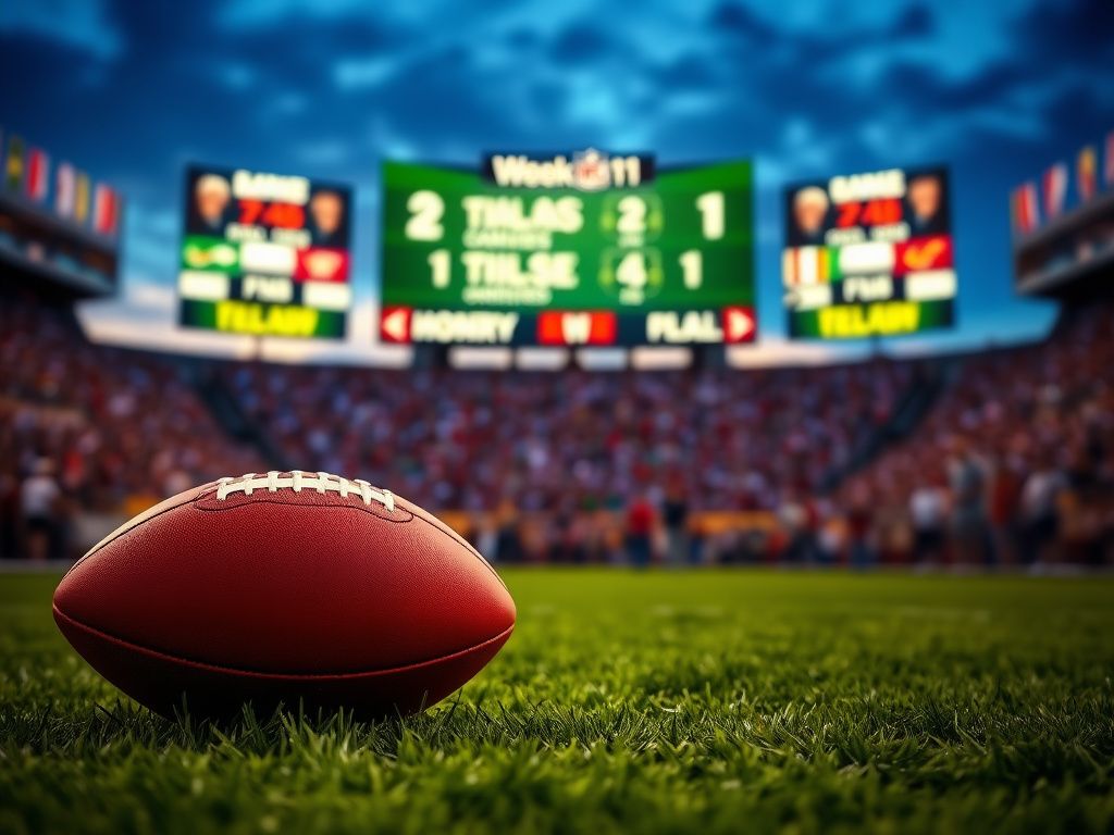 Flick International Intense NFL football game in progress with a blurred stadium background and a prominent football in the foreground