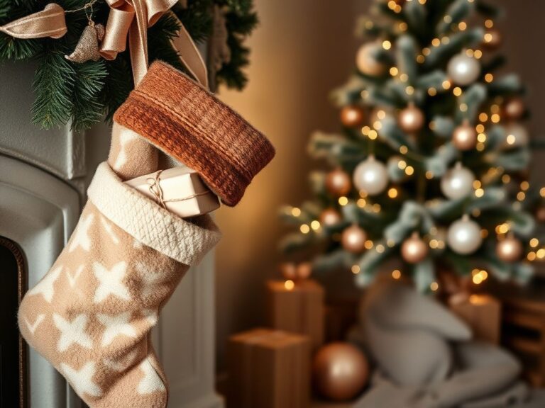 Flick International Cozy modern Christmas scene featuring a beige stocking and neutral-toned decorations by a fireplace