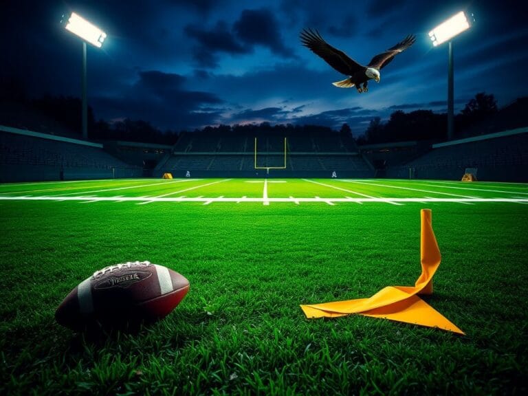 Flick International A dramatic football field at night with a dropped ball and penalty flag