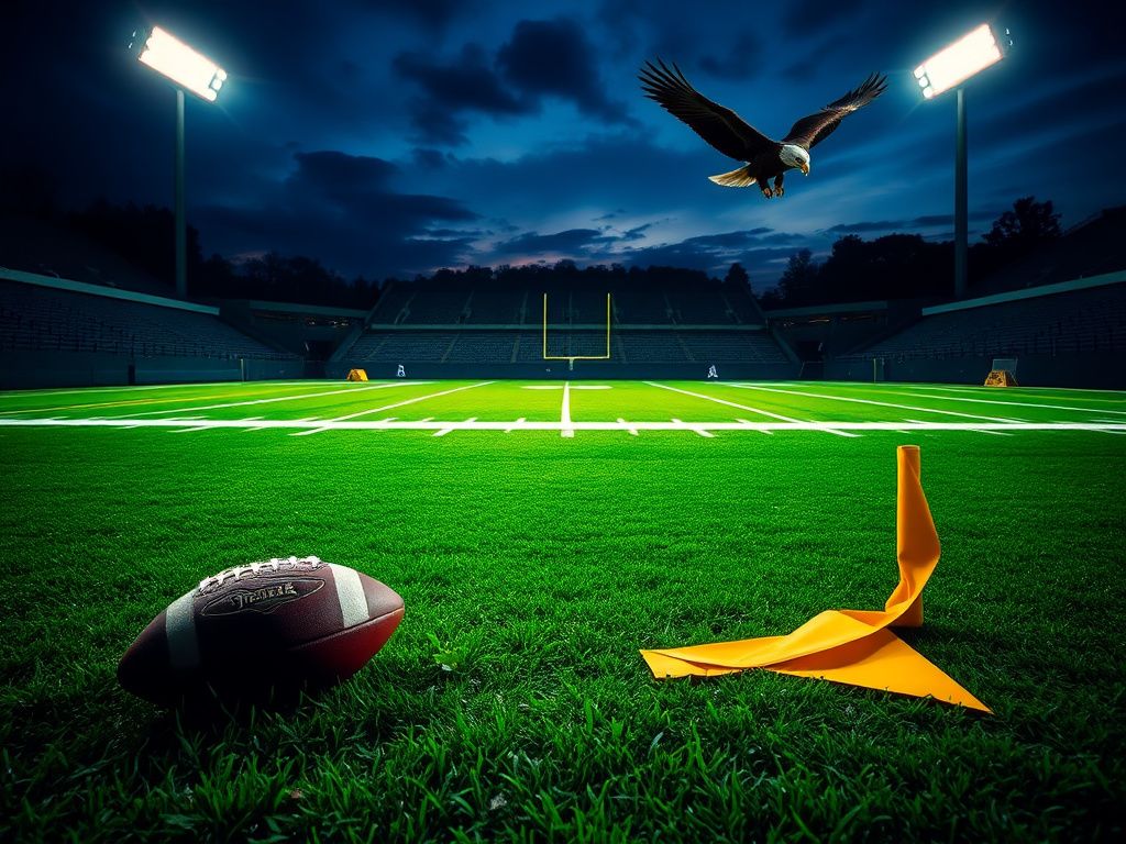 Flick International A dramatic football field at night with a dropped ball and penalty flag