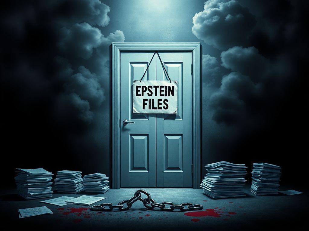 Flick International Closed door with 'Epstein Files - Restricted' sign, symbolizing secrecy and tension