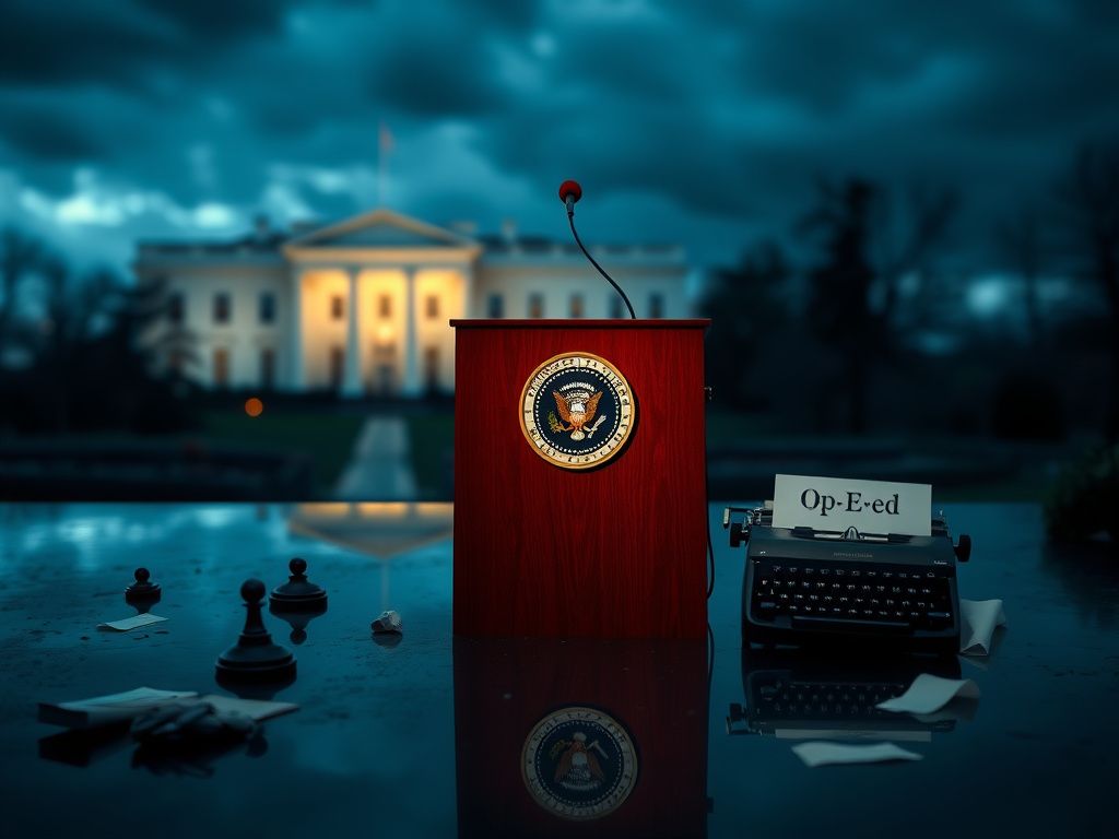 Flick International Empty campaign podium with a faded presidential seal against a blurred White House