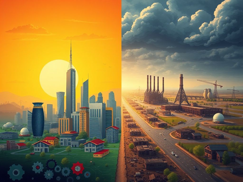 Flick International A split landscape illustrating the contrasting narratives of AI opportunities and economic fears.