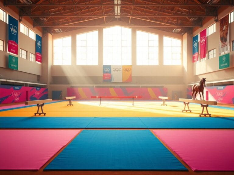 Flick International A vast gymnasium showcasing gymnastics equipment representing strength and empowerment for female athletes