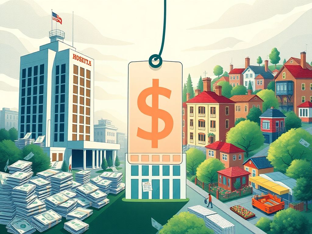 Flick International Conceptual illustration contrasting healthcare costs and affordable living in an American cityscape