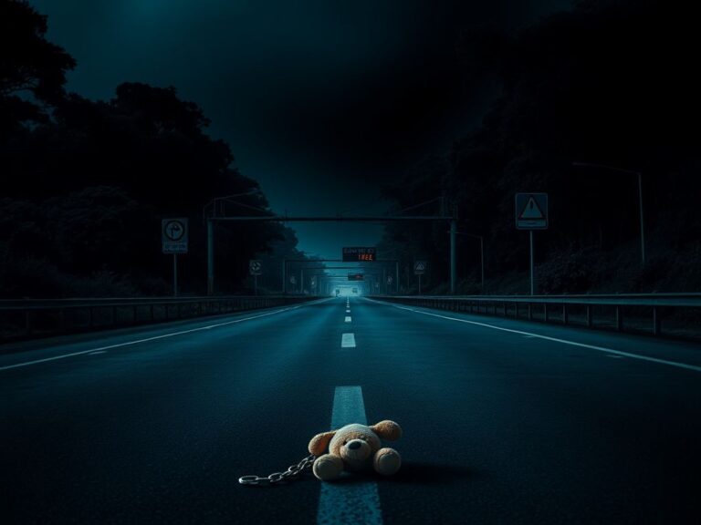 Flick International Abandoned child's toy on a dimly-lit highway symbolizing lost innocence in human trafficking