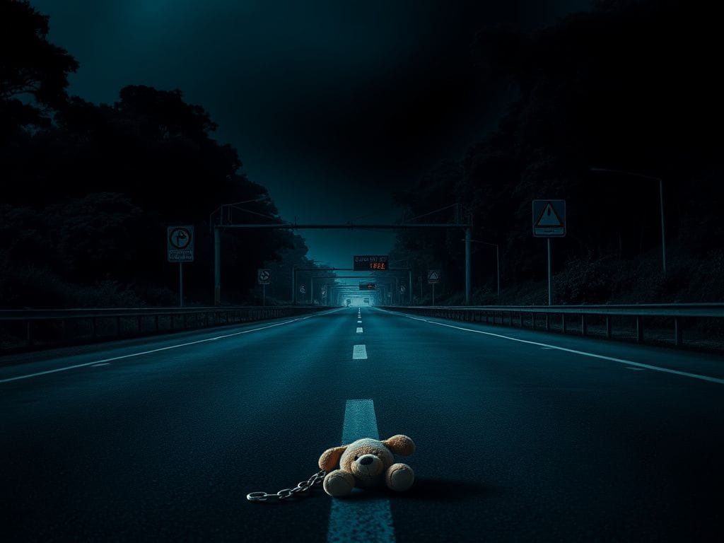 Flick International Abandoned child's toy on a dimly-lit highway symbolizing lost innocence in human trafficking