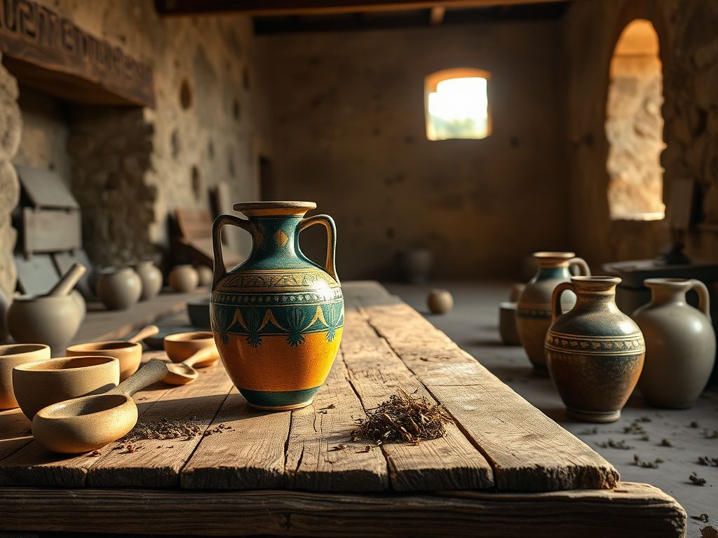 Flick International Ancient fast-food kitchen in Pompeii with a ceramic vase showcasing Egyptian artistry