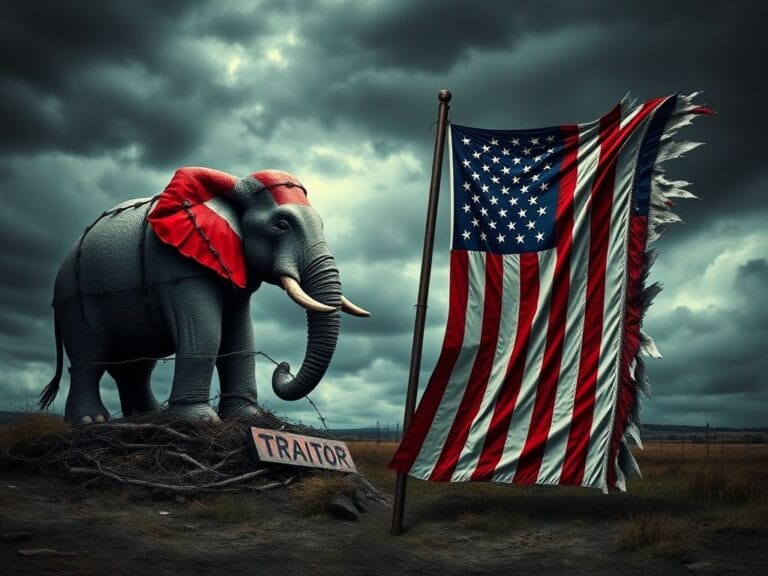 Flick International A symbolic representation of political strife featuring a crumbling Republican elephant emblem entwined with barbed wire and a vibrant yet frayed American flag in a stormy background.